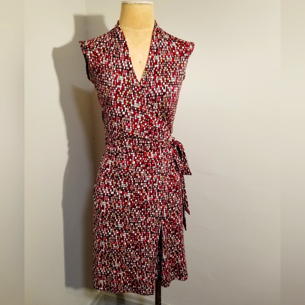 Y2K VINTAGE WRAP DRESS 90S GEOMETRIC COLORBLOCK BELTED TIE COMFY CASUAL WORK MOD